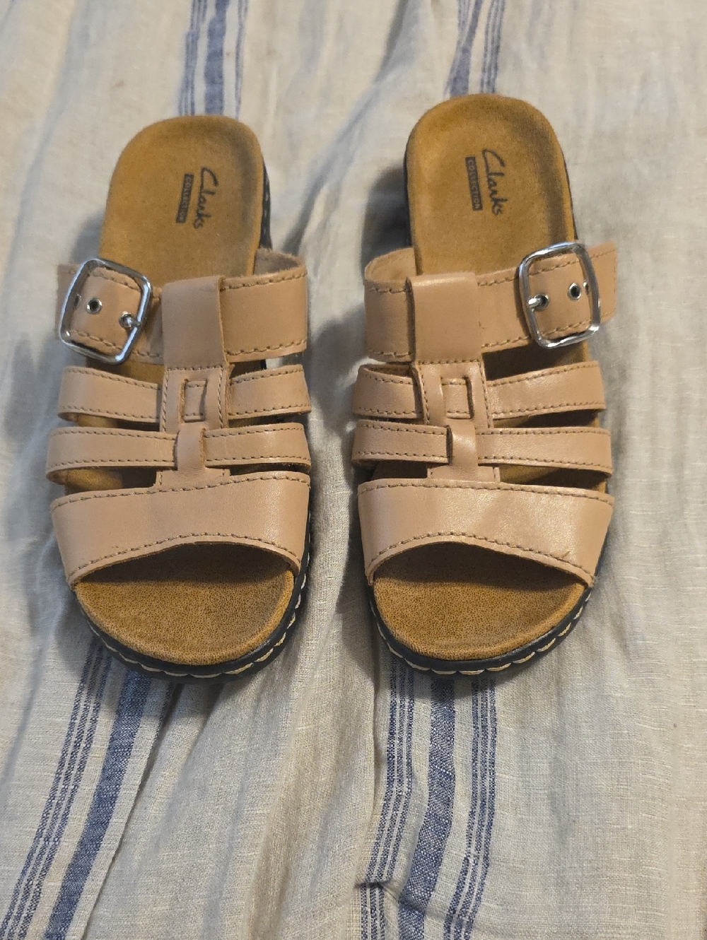 Clarks Brown Leather Slide Sandals with Buckle